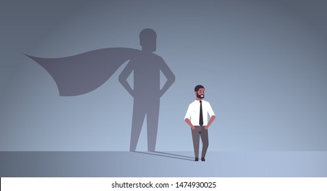 african american businessman dreaming about being super hero shadow of man with cape imagination aspiration concept male cartoon character standing pose full length flat horizontal