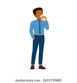 African American Businessman Drinking Coffee with Eyes Closed in Office Attire