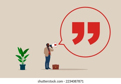 African American Businessman giving a speech. Business motivation speech, pep talk. Symbol of quote, message, announcement. Flat modern vector illustration.