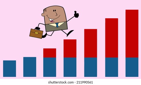 African American Businessman Giving A Thumb Up And Running Over Growing Bar Chart On Background