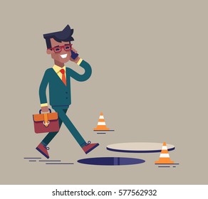 African american businessman going on the street and talking by cell phone. He doesn't notice open manhole and could fall. Business risks and insurance concept. Vector illustration.