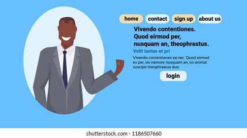 african american businessman happy man office worker male cartoon character portrait horizontal blue background flat copy space vector illustration