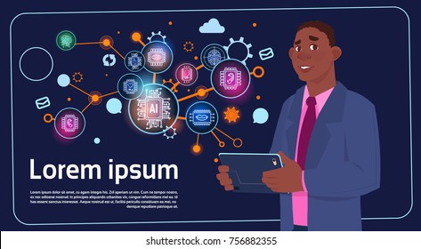 African American Businessman Holding Presentation Stand Over Digital Screen With Charts And Graph Infographics Businessman Seminar Or Report Meeting Flat Vector Illustration