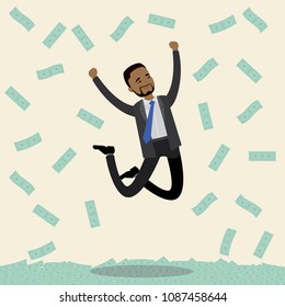 African american businessman jumps joyfully, money is falling around,flat vector illustration