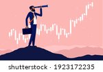 African American businessman looking for economic possibilities - Man with binocular standing on hilltop with rising graph in background. Vector illustration.