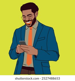 An African American Businessman looking at his cell phone messages wearing blue suit with glasses looking so excited 