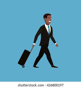 African American Businessman with luggage in hand. Business traveler with trolley. Joyful man in a brown suit and a blue necktie on a blue background. Businessman with a smile on face. Holiday. Vector