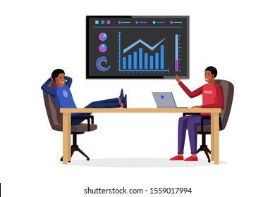 African american businessman making presentation illustration. Business report with charts, diagrams, infographic, statistics information on board. Business analytics and strategy concept