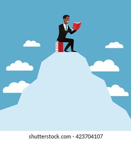 African American Businessman. Man sits on a mountain with a book in their hands. Businessman in a brown suit and blue tie is studying the red book. Student reading a book. Mountain with clouds. Vector