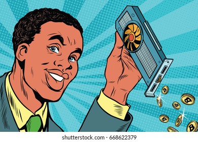 African American businessman is mining bitcoins with a video card. Pop art retro comic book vector illustration