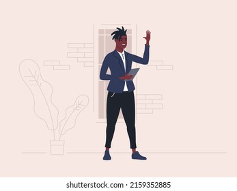 African American businessman in the office, saying hello and working on his tablet. Vector illustration.
