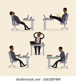 African american Businessman or office worker in the workplace in various poses,male from different sides,flat vector illustration