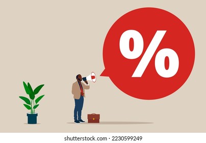 African American businessman and percentage sign. Concept business vector illustration.