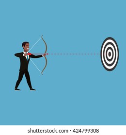African American Businessman releasing an arrow from a bow. Businessman in a brown suit, white shirt, gray tie. The red arrow flies on a red dashed line to a black-and-white target. Vector.