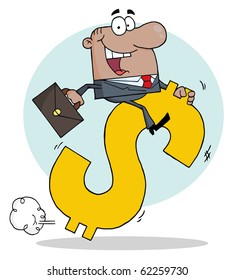 African American Businessman Riding On A Dollar Symbol