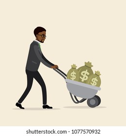 African american businessman rolls a wheelbarrow with money,male in profile,flat vector illustration