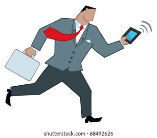 African American  Businessman Running With Suitcases And Tablet