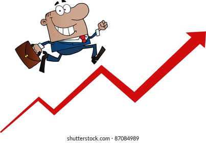 African American Businessman Running Upwards On A Statistics Arrow
