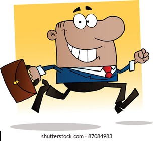 African American Businessman Running To Work With Briefcase