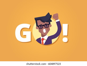 African american businessman screaming GO and holding up his fist. Concept of motivation and inspiration. Modern vector illustration in flat style.