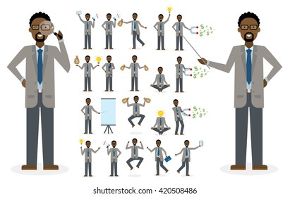 African american businessman set.Isolated set of businessman on white background. Clipboard, pointer, money bag, speaker, magnet. Active and professiaonal businessman. Multitasking.