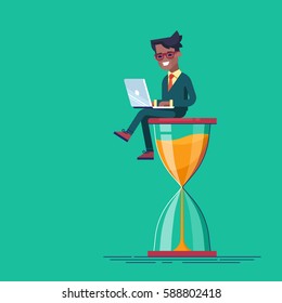 African american businessman sitting on the hourglass with laptop legs crossed. Business concept of time management and procrastination. Vector illustration.