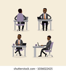 African american businessman is sitting in the workplace in various poses,flat vctor illustration