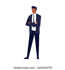 African American businessman standing with hands crossed, confident man in office clothes with tie, vector illustration in flat style on white background