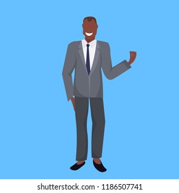 african american businessman standing pose happy man male cartoon character full length blue background flat vector illustration