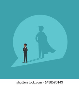 African american businessman standing with superhero shadow in light spot. Business concept of leadership, power, professional success, motivation at work. Flat vector illustration.