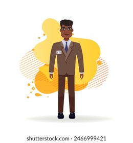 African American businessman in suit with badge. Serious leader in glasses at exhibition. Business concept. Vector illustration can be used for topics like leadership, management, partnership.