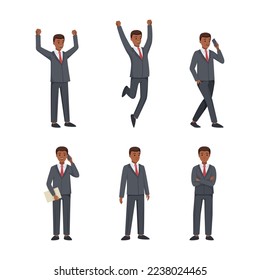 African american businessman in suit standing in different poses and gesturing set. Man standing with folded hands, talking on phone and celebrating success vector illustration