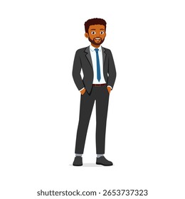 African American Businessman in Suit Standing with Hands in Pockets Smiling