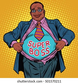 African American businessman super boss, pop art retro vector illustration