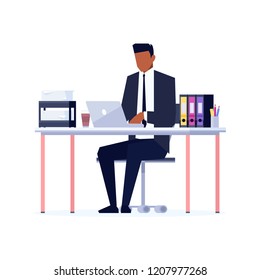 African American businessman using laptop on workplace, office desk with folders, busy man in office clothes with tie typing on keyboard, vector illustration in flat style on white background