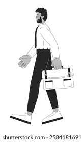 African american businessman walking confidently with briefcase black and white 2D line character. Professional black man in shirt tie isolated vector outline person. Monochromatic spot illustration