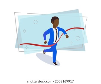 African American businessman winning competition vector illustration. Faceless man in suit with tie crossing finish line. International business, achievement, result concept