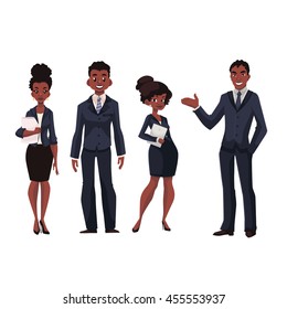 African American businessmen and businesswomen cartoon vector illustration isolated on white background. Full length portrait of black business men and women, executive and secretary, office workers