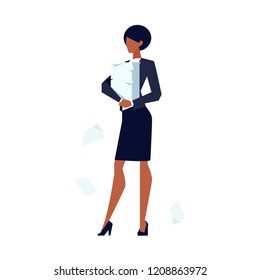 African American businesswoman with big pile of papers in hands, overworked woman in office clothes, skirt and heels, lots of paperwork, too much work, vector illustration in flat style on white.