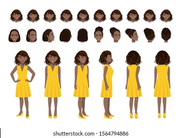 African American Businesswoman Cartoon Character Head Set And Animation Design. Front, Side, Back, 3-4 View Animated Character. Flat Vector Illustration.