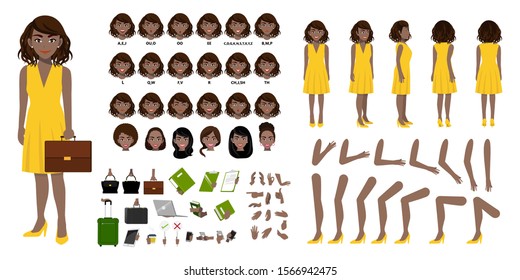African American Businesswoman cartoon character creation set with various views, hairstyles, face emotions, lip sync and poses. Parts of body template for design work and animation.