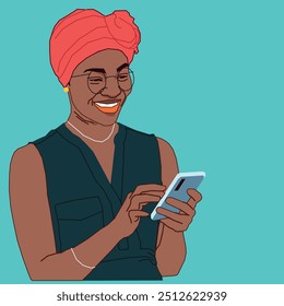 Una mujer de negocios afroamericana revisando su conversación de teléfono celular sonriendo con gafas