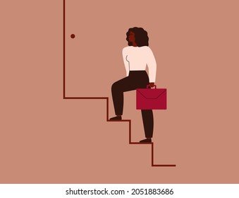 African American Businesswoman climbing up onto career ladder. Strong Woman takes step by step forward to success. Females entrepreneur rises up on the stairway. Concept to Achieving goals. Vector