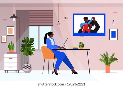 african american businesswoman discussing with husband and son during video call parenting concept dad housewife spending time with his kid at home horizontal vector illustration