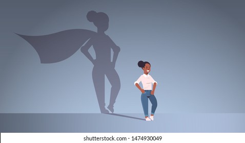 African American Businesswoman Dreaming About Being Super Hero Shadow Of Woman With Cape Imagination Aspiration Concept Female Cartoon Character Standing Pose Full Length Flat Horizontal