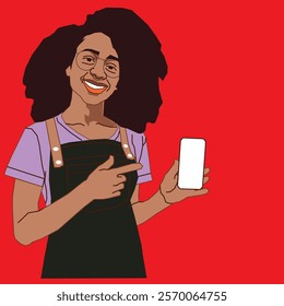 An African American businesswoman in elegant attire, smiling warmly as she points at her cell phone, exuding approachability and professionalism.