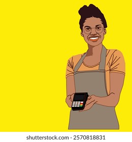 An African American businesswoman in elegant, professional attire, confidently holding a POS machine in one hand, with a poised and approachable expression, standing in a modern business environment.