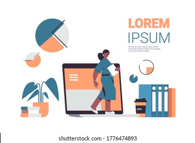 african american businesswoman with folder coming out laptop screen digital detox concept full length horizontal copy space vector illustration