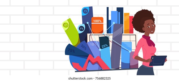 African American Businesswoman Holding Presentation Stand Over Abstract Charts And Graph Business Woman Seminar Or Report Meeting Flat Vector Illustration