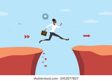 African american businesswoman jump through gender gap, discrimination. Overcoming obstacles. Woman employee with running jump from one cliff to another. Business risk and success. Vector illustration